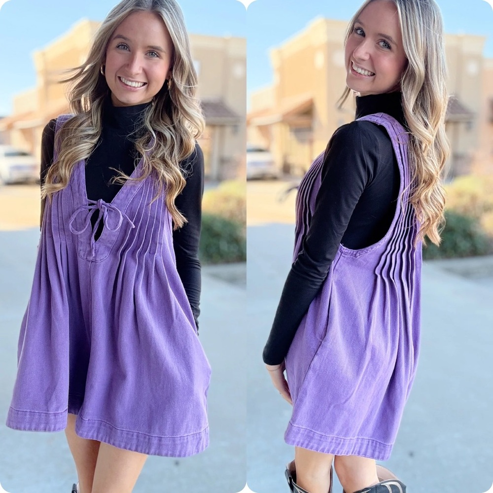 Purple Pleated Tie-Front Romper Jumpsuit